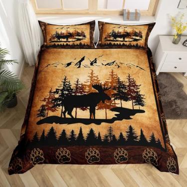 Imagem de Conjunto de cama de cabana de alce, alce pinheiros, silhueta de montanha, capa de edredom para crianças, adolescentes e adultos, estampa de patas de animais selvagens, capa de edredom com 2 fronhas