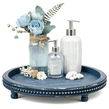Imagem de Bandeja decorativa feita à mão de 30 cm, bandeja pequena com contas, decoração de mesa de café, bandeja redonda azul de madeira para mesa de café, mesa de sala de jantar, entrada e mesa de sala de
