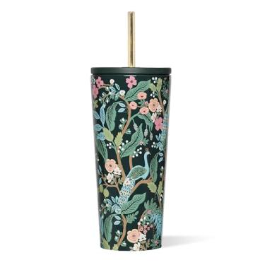 Imagem de Corkcicle Copo térmico com tampa e canudo Rifle Paper Co. - Mantém as bebidas frias por 12 horas - Presente para a mamãe - Ótimo para o Dia das Mães ou Natal - 680 g - Azul Pavão