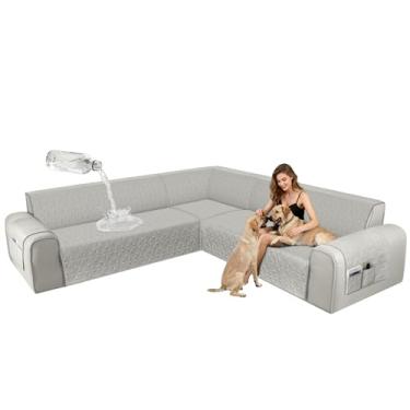 Imagem de ALIECOM Capas de sofá seccionais de canto, à prova d'água, laváveis, em forma de L, protetora, geométrica, jacquard, capa de móveis, com alça ajustável para cães de estimação (pequena, cinza claro)