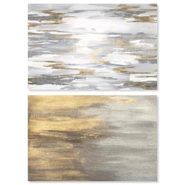 Imagem de Conjunto de 2 arte de parede de sala de estar com impressão em tela abstratos de luxo neutro da Art Remedy, envolto em galeria, 38 x 25 cm