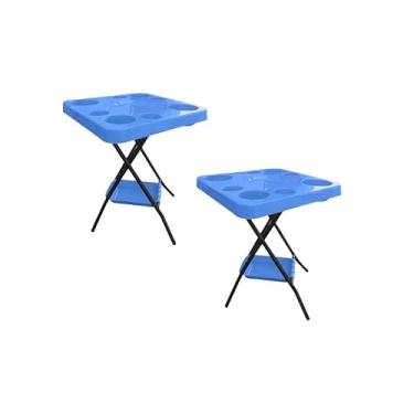 Imagem de Kit 2 Mesinhas Dobráveis para Churrasco e Piscina com Porta Copos e Garrafas(Azul)
