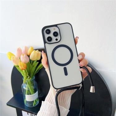 Imagem de Capa transparente com alça transversal para iPhone 16, 15 Pro Max, 14 e 13, com cordão magnético e carregador sem fio, preta, para iPhone 16 Plus