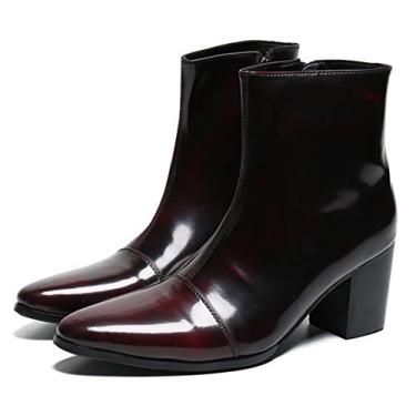 Imagem de Santimon Botas masculinas casuais de couro envernizado Chelsea botas sociais com zíper na lateral cano médio para homens, Vermelho, 9