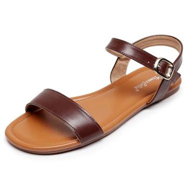 Imagem de VenusCelia Sandália feminina lisa com tira larga, Marrom, 6.5 Wide