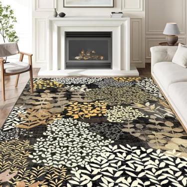 Imagem de DEXDE Tapetes de área 12 x 18 cm, lavável, antiderrapante, abstrato, boêmio, macio para sala de estar, quarto, estampa floral, tapete grande para entrada, sala de jogos, escritório, preto