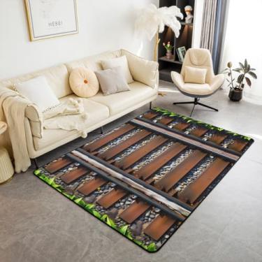 Imagem de jejeloiu Tapete ferroviário, 7,5 x 12,5 cm, industrial ferroviário, sala de estar, para crianças, meninos, meninas, quarto, trilha, decoração de trilha, tapete antiderrapante vintage, tapete de chão