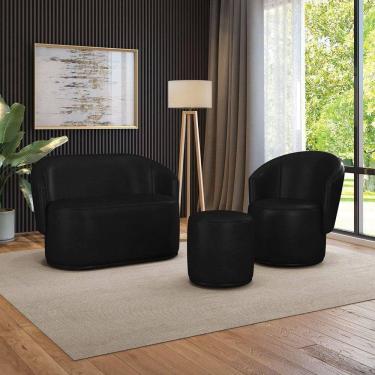 Imagem de Sofá Namoradeira Com Poltrona E Puff Orgânico Sala Malu Sintético Pu Preto M11 - D`rossi