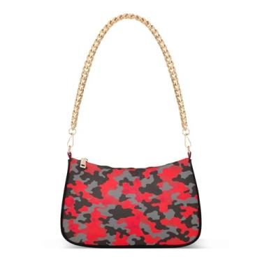 Imagem de Bolsa de ombro abstrata vermelha preta cinza com corrente, bolsa Hobo feminina estilosa com grande capacidade e zíper suave