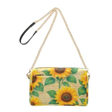 Imagem de Joitme Girassóis amarelos folhas verdes vintage bolsa tiracolo feminina de couro PU bolsa de ombro alça de corrente bolsa de telefone fofa