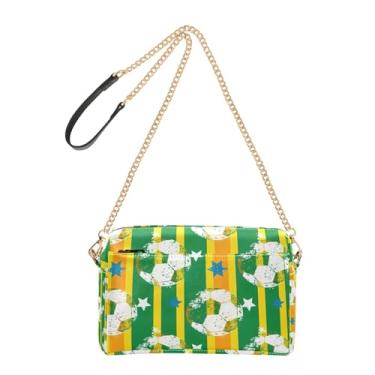 Imagem de Joitme Bolsa de ombro feminina de futebol com listras amarelas verdes bolsa tiracolo para celular bolsa de ombro de couro PU com alça de corrente