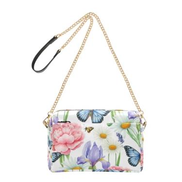 Imagem de Joitme Bolsa feminina transversal para celular com alça de corrente fofa de couro PU bolsa de ombro borboletas flores silvestres