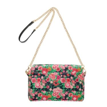 Imagem de Joitme Bolsa de ombro feminina transversal para celular bolsa rosa estampa floral preta couro PU alça de corrente