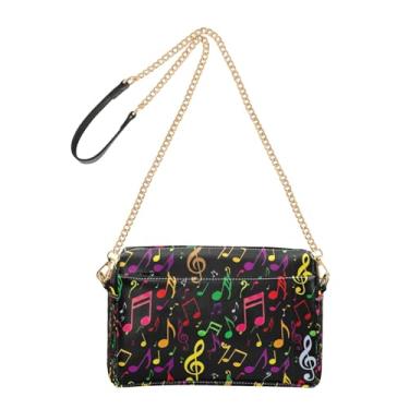 Imagem de Bolsas femininas coloridas com símbolos de notas musicais pretas para celular bolsa de ombro de couro PU com alça de corrente fofa