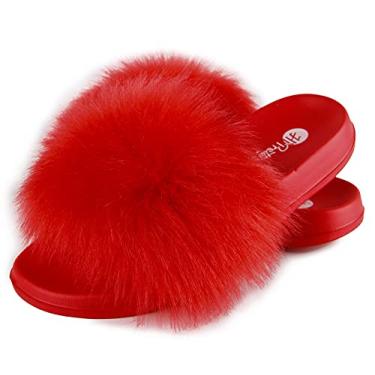 Imagem de Chinelo feminino de pele sintética, bico aberto, chinelo de pele fofo, confortável para uso interno ou externo com pele fofa, Vermelho sintético, 6-6.5