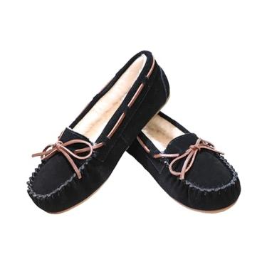 Imagem de PEDOQU Pantufas femininas mocassim de camurça de vaca para casa sapatos de pele sintética forrado com cadarço laço aconchegante interno e externo chinelo mocassim quente respirável para mulheres