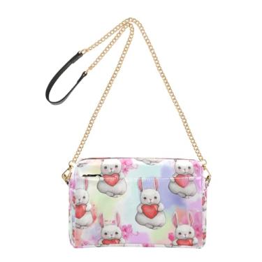 Imagem de Bolsa tiracolo feminina linda coelhinha vermelha coração floral bolsa para celular linda bolsa de ombro de couro PU com alça de corrente