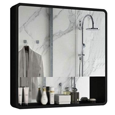 Imagem de Armário de espelho de banheiro, armário de remédios montado na parede, armário de armazenamento, design de canto curvo, preto, branco, para banheiro, cozinha, quarto. (preto 70 cm)