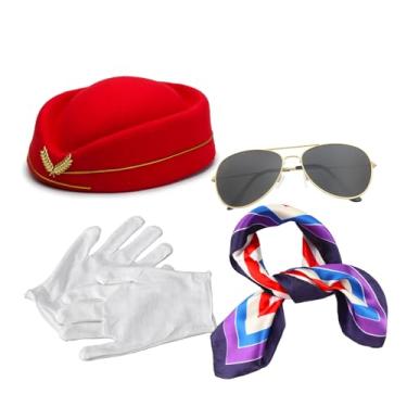 Imagem de hhdatc Conjunto de acessórios para fantasia de comissária de bordo, 4 peças, chapéu de aeromoça, cachecol, óculos de sol e luvas para cosplay de companhias aéreas e fantasia de Halloween