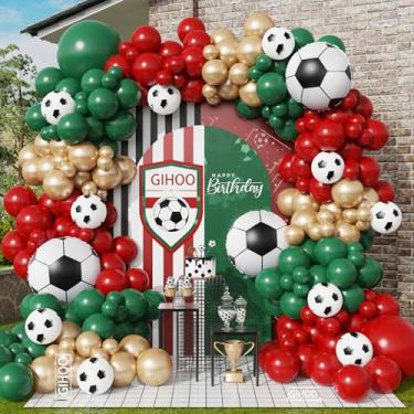 Imagem de Balão de futebol arco de guirlanda 190 peças balões vermelhos, verdes e dourados com balões de folha de impressão de futebol para decorações de festa de aniversário com tema de futebol