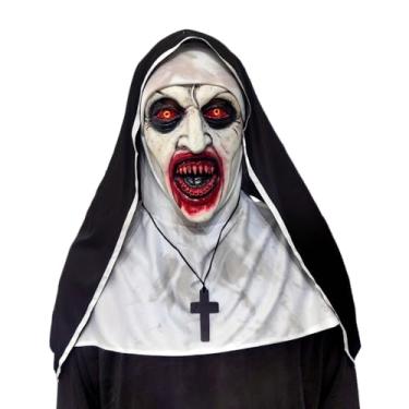 Imagem de QPQEQTQ Máscara assustadora de freira 2024, fantasia de terror sobrenatural para festa de Halloween com colar de cruz vermelha