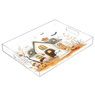 Imagem de xigua Bandeja de servir de acrílico fantasma de Halloween com alças à prova de derramamento, bandejas decorativas de festa de Halloween, bandeja organizadora de bancada para banheiro, cozinha, 30,5 x