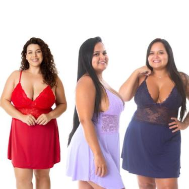 Imagem de Kit 3 Camisola Sexy Plus Size de Renda Sem Bojo Linha Noite Pijama Ver