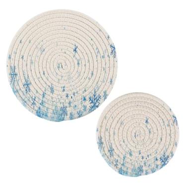 Imagem de Wassud Suportes redondos de flocos de neve azuis trivets de algodão almofadas quentes porta-copos elegantes decoração de cozinha e acessórios 2 peças