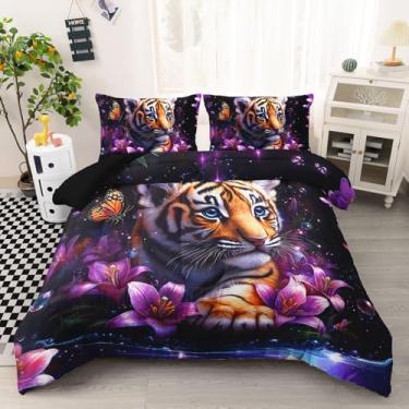 Imagem de AILONEN Conjunto de edredom fofo de tigre, tamanho solteiro, roxo e preto, microfibra macia, 3 peças, roupa de cama kawaii, animal, flor, para crianças, meninas, mulheres, com 2 fronhas