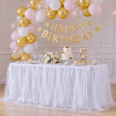 Imagem de gogoparti Saia de mesa de tule branca para mesas retangulares, saia de mesa plissada branca de 1,8 m para chá de bebê, festa de aniversário, decoração de banquetes, saias de mesa de tule cintilantes