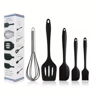 Imagem de Kit de 5 Utensílios de Cozinha em Silicone - Colher, Espátula, Fue, Espátula Pequena e Pincel, Antiaderente e Seguro para Panelas Residenciais (PRETO)