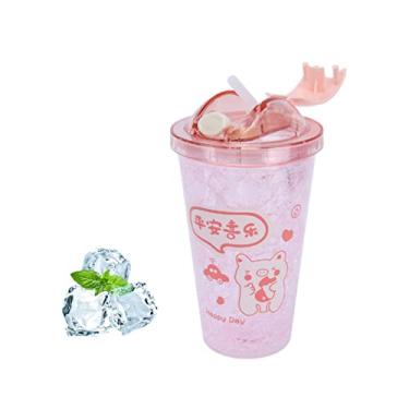 Imagem de LYBLY Copo de água fofo, copo de água de 450 ml reutilizável de parede dupla garrafa de água com canudo Kawaii garrafa de água para casa copo de viagem/730 (Cor: Rosa)