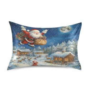 Imagem de Blueangle Fronha de cetim voadora de Papai Noel para cabelo e pele, fronha de seda, tamanho padrão (51 x 66 cm) - Capas de almofada de cetim com fecho de envelope (822)