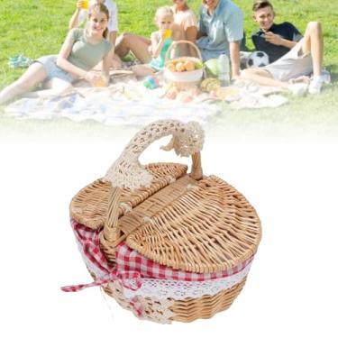 Imagem de Estink Cesta de Piquenique de Vime Com Tampa, Cesta de Piquenique Vintage Artesanal Trançada Com Forro Removível para Acampamentos Ao Ar Livre, Caminhadas e Reuniões Em Família, (Xadrez Vermelho)