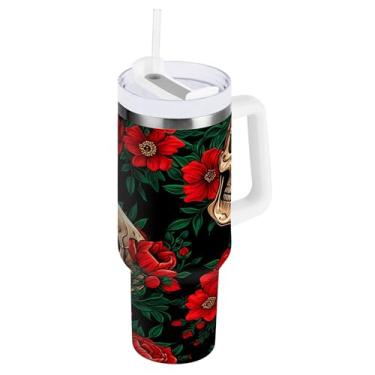 Imagem de SEHANY Copo de caveira e rosas de 1,18 l com alça, copo isolado de aço inoxidável a vácuo de parede dupla, à prova de vazamento, caneca de café isolada para viagem cabe no suporte de copo de carro