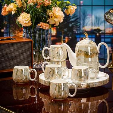 Imagem de Conjunto de chá de cerâmica de luxo com 1 bule de chá, 6 xícaras e 1 bandeja, elegante conjunto de xícaras de café para sala de estar, presente de inauguração de casa