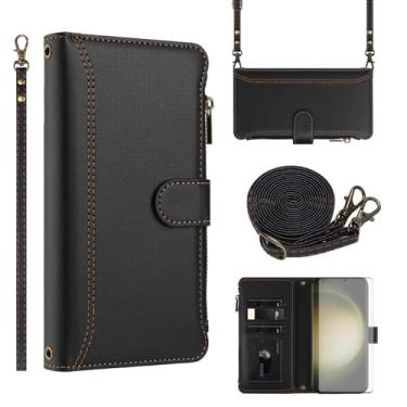 Imagem de Asuwish Capa de telefone para Samsung Galaxy S23 Ultra 5G Capa carteira com protetor de tela de vidro temperado transversal de couro flip zíper suporte para cartão de crédito celular S23Ultra 23S S 23