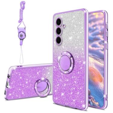 Imagem de Capa de telefone compatível com Samsung Galaxy S24-FE (2024) para meninas e mulheres linda brilhante TPU transparente capa protetora à prova de choque e suporte de anel e alça, roxo claro
