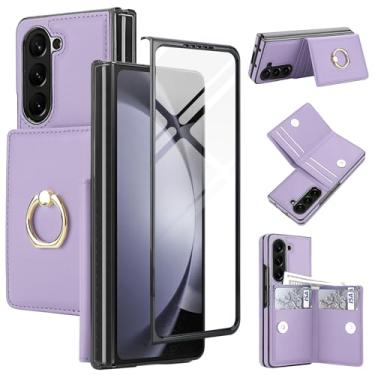 Imagem de Capa carteira para Samsung Galaxy Z Fold 5 com suporte de anel, capa flip protetora de 360° com compartimentos para cartões, bolso para dinheiro e protetor de tela para homens e mulheres (roxa)
