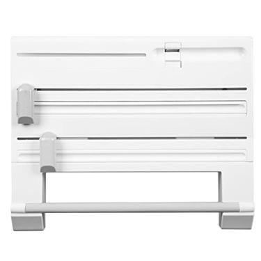 Imagem de Abizarch Dispensador de embrulho de cozinha com cortador 6 em 1 organizador de papel alumínio e plástico com suporte de rolo suporte de armazenamento de garrafa de molho montado na parede organizador