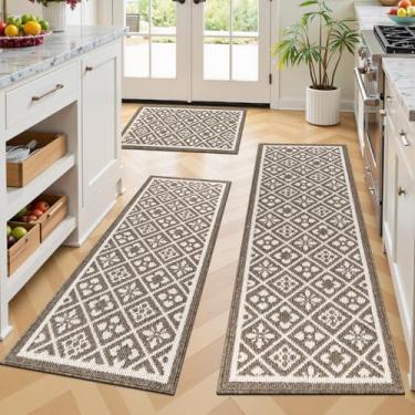 Imagem de Ileading Conjunto de 3 peças de tapetes de cozinha antiderrapantes com suporte de borracha lavável na máquina tapetes de corredor de casa de fazenda para lavanderia capacho frontal da pia (G marrom)