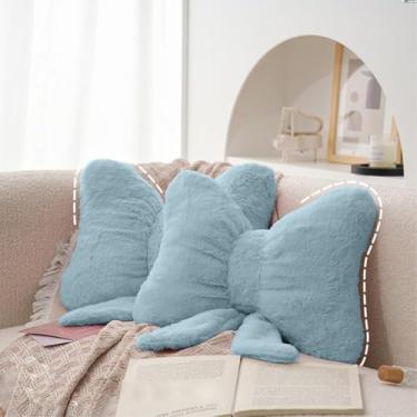 Imagem de GKWW Pacote com 2 almofadas macias e peludas com laço fofo de pelúcia para decoração de casa, almofada lombar com laço de pelúcia para cama, sofá, decoração de sala de estar (azul)