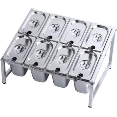 Imagem de Conjunto de suporte de temperos de aço inoxidável 304 – 8 panelas com tampas e colheres, suporte organizador de geleia de 2 fileiras, prateleira de armazenamento de bancada de cozinha, armário prata