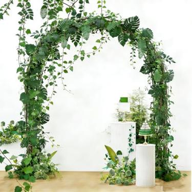 Imagem de ZMLTLMG 64 peças de decorações de festa na selva, vime artificial de 6 m com 50 peças de folhas tropicais de monstera, folhas de palmeira de videiras falsas para safári, festa de luau, festa de