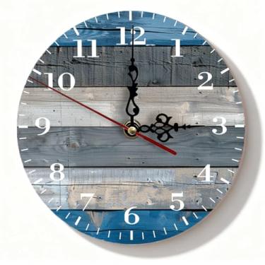 Imagem de Relógio de parede silencioso de madeira recuperada azul náutico - Decoração rústica costeira sem tique-taque para escritório em casa - Relógio de madeira Shiplap - 19 cm