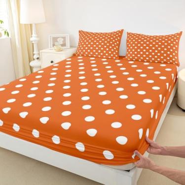Imagem de Erosebridal Jogo de lençol casal com estampa de bolinhas brancas e laranjas, para crianças, meninas, moderno, boêmio, geométrico, arte rústica, lençol com elástico