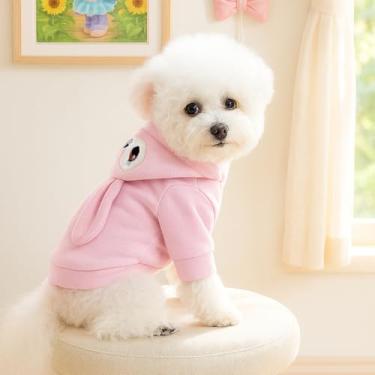 Imagem de MQQYLBHDS Suéter rosa para cães pequenos, meninas, meninos, orelhas de coelho, moletom com capuz engraçado para cães, casaco de coelho para gatos, fantasia de Páscoa para chihuahua yorkie da Pomerânia