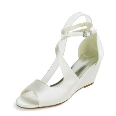 Imagem de Anna's Bridal Sapatos femininos de casamento para noiva salto baixo salto baixo cetim peep toe com alça P para formatura festa noite sapatos sandálias, Marfim, 37