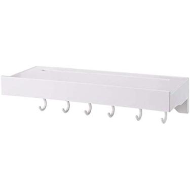 Imagem de Bandeja de chuveiro de plástico de canto, organizador de aspiradores de pó de vaso sanitário sem ganchos necessários, suporte de parede resistente para toalha com 6 ganchos 13,5 35 cm