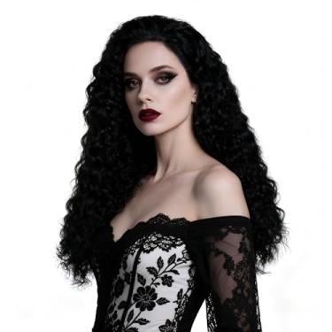 Imagem de UQJE Peruca preta longa encaracolada perucas de bruxa de Halloween anime cosplay perucas loucas peruca de senhora idosa acessórios de fantasia de bruxa